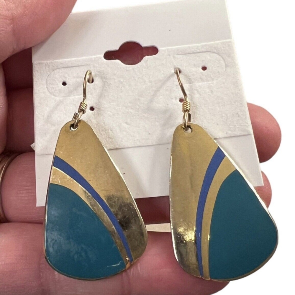 Vintage Laurel Burch Turquoise Blue Enamel Gold Tone Teardrop Dangle.